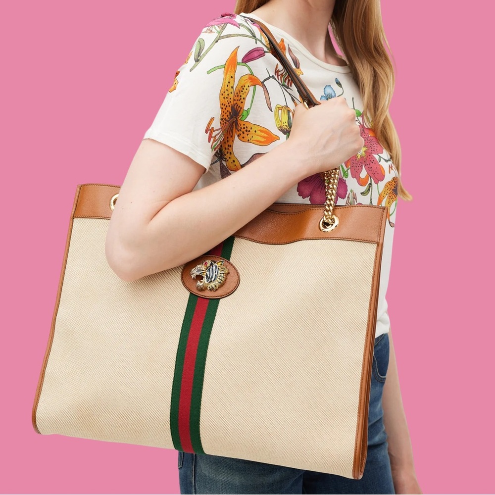 Gucci Canvas Calfskin Web Large Rajah Chain Tote Sand Light Cuir